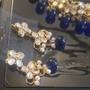 Elegant Gold and Blue Floral Earrings